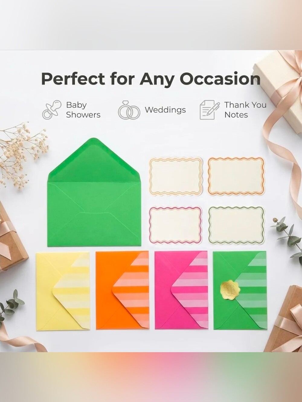 40 Blank Note Cards with Envelopes & Stickers, 4 Color Wavy Border Flat Cards